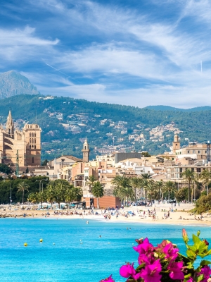 Landscape with beach and Palma de Mallorca town, Spain